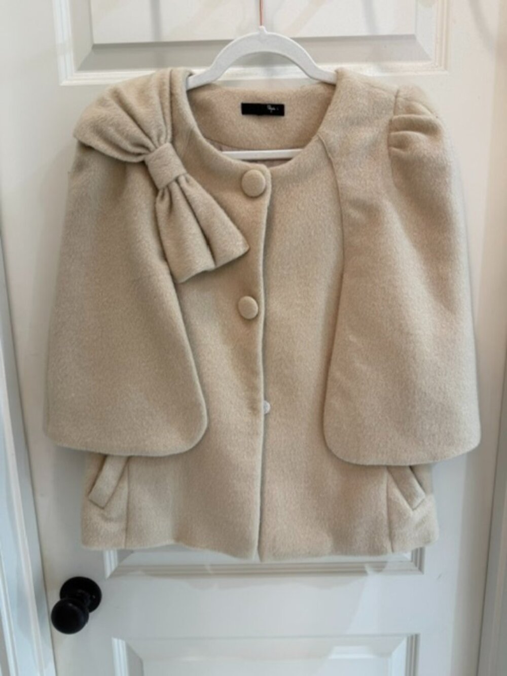 Ryu Cream Bow Cape Coat Size Small | Wool Blend Capelet Jacket | Cottagecore